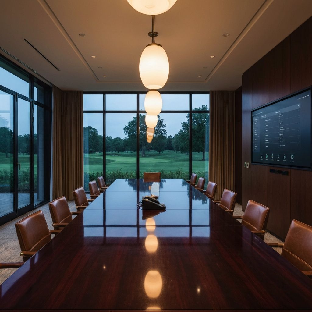 Luxury clubhouse interior with digital estate management dashboard
