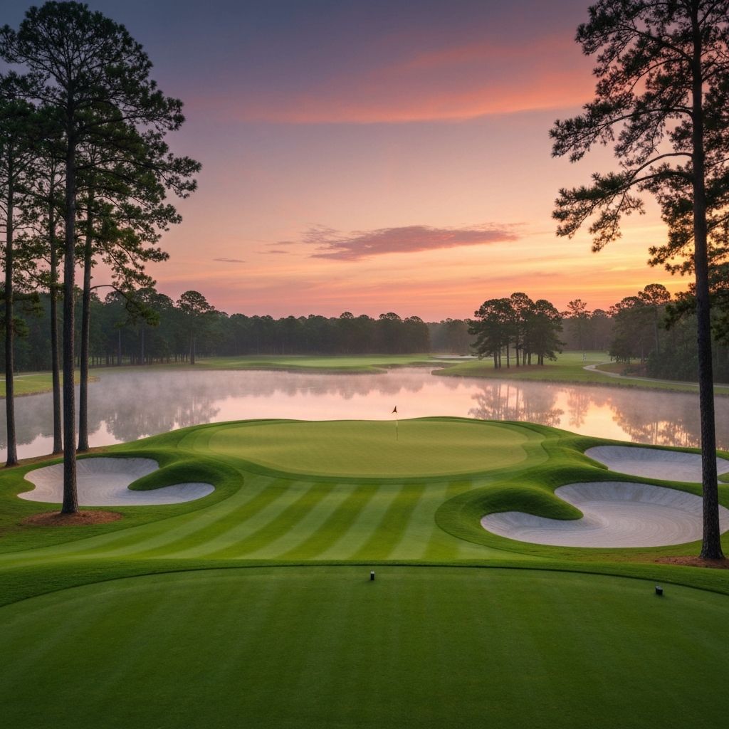 Aerial view of a pristine luxury golf course at golden hour