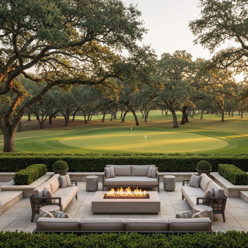 Luxury estate resort pool area at sunset