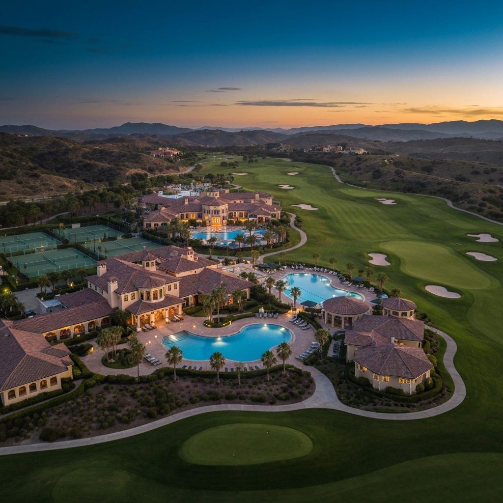 Aerial view of a luxury golf resort complex at dusk